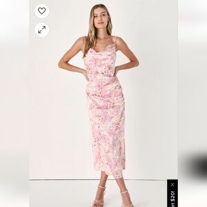 Lulu's Pink Floral Print Sleeveless Ruched Midi Dress